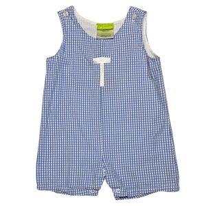 VGUC Classic Whimsy Blue Gingham Jon Jon romper with “T” monogram 24mo